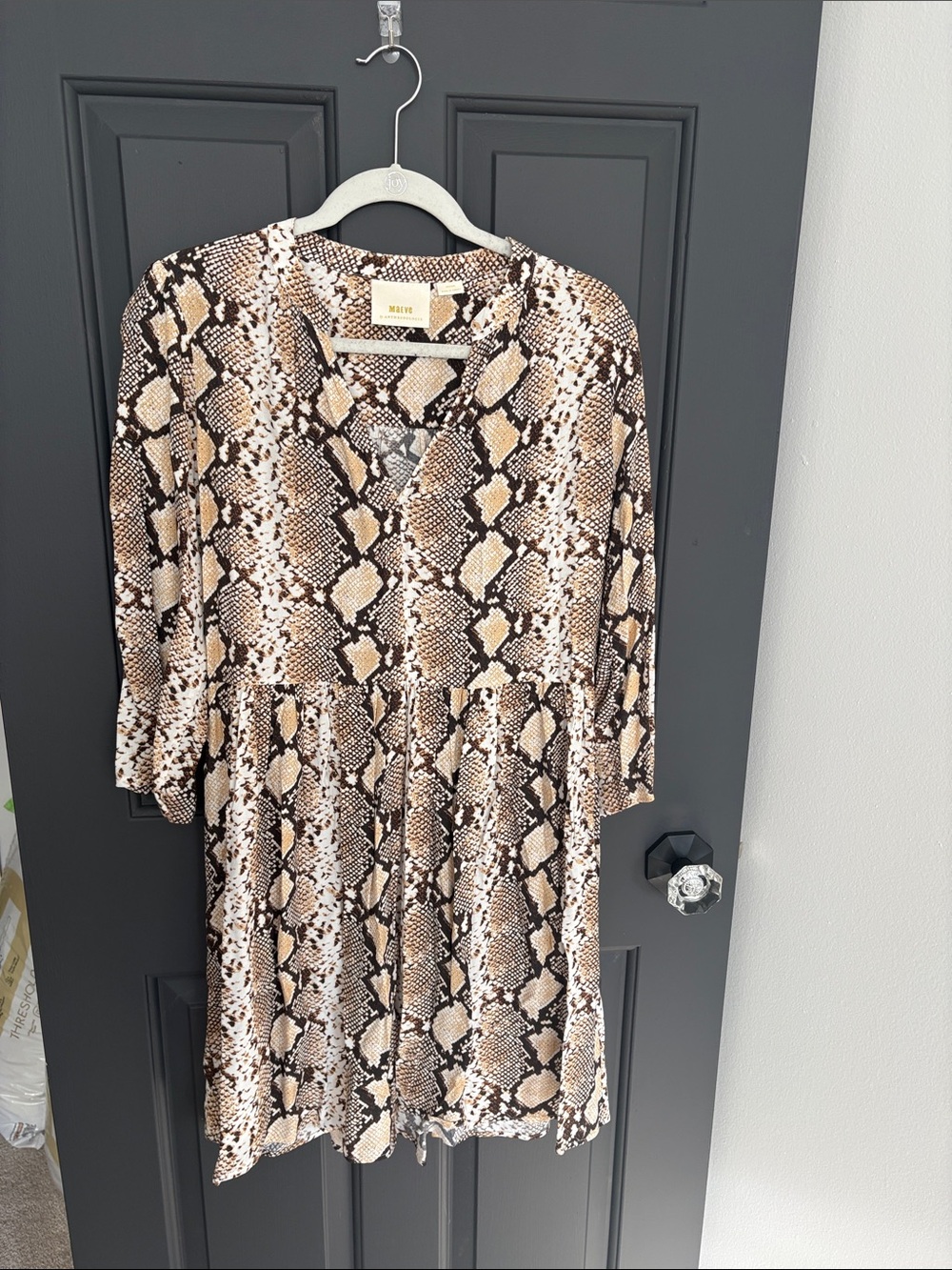 Maeve Neutral Snake-Print V-Neck Babydoll Dress